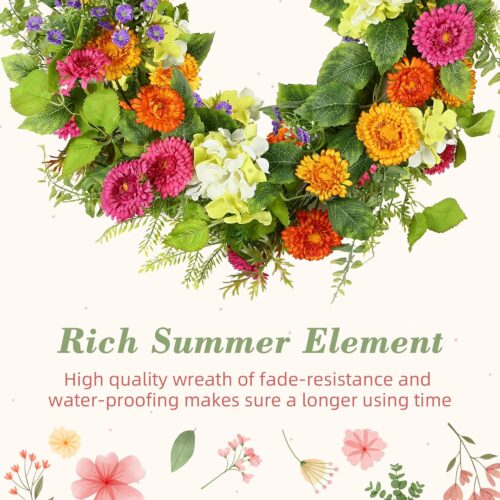 Spring Wreaths for Front Door Summer Wreath with Daisy Flowers Green Tea Leaves, Artificial Floral Wreath Green Foliage Wreath for Wall Window Farmhouse Party Holiday Home Decor