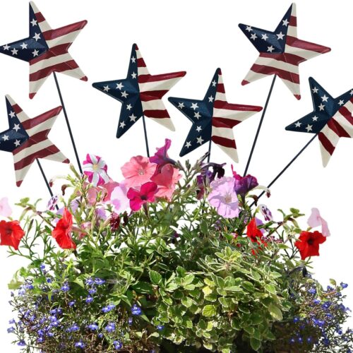 6set 12" H Metal American Star Barn Yard Sign, Patriotic Metal US Flag Star Barn Garden Stake for Planter Pot Walkway Pathway 4th of July Decor Memorial Day Outdoor Lawn Decorations