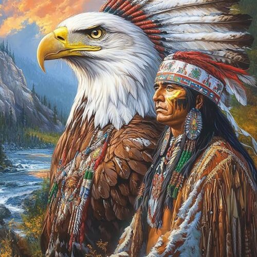5D Diamond Art Kits for Adults Eagle Indian, Full Drill DIY Rhinestone Embroidery Set Paint with Diamonds Art Animal by Number Kits Cross Stitch Home Wall Craft Decor 12x16 Inch