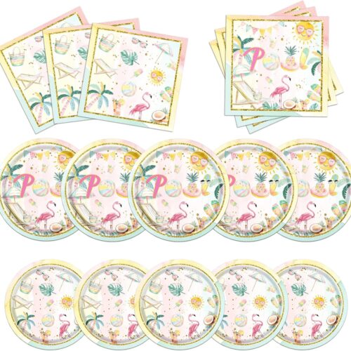 60Pcs Pool Party Plates and Napkins Sets Pool Party Supplies Summer Party Plates and Napkins Splish Splash Birthday Decorations Hawaiian Party Supplies with Beach Ball Swim Ring Flamingo
