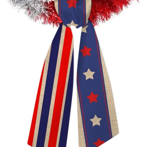 Patriotic Wreath Sash for Front Door, Red Blue Stripe Wreath Scarf DIY Bow 4th of July Star Satin Sash Garland Ribbon for Labor Day Home Yard Doorway Wall Window Decor (56'' x 4.5'')