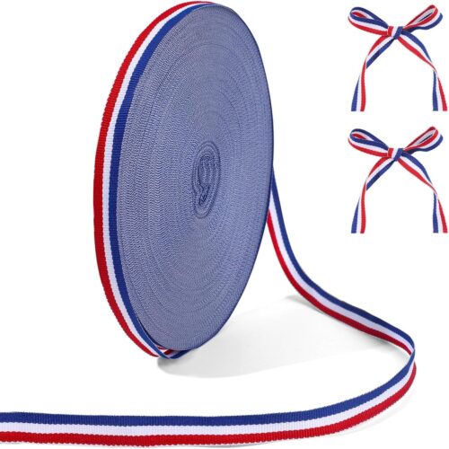 Red White Blue Ribbon, 3/8inch 50 Yards Striped Grosgrain Ribbon for Gift Wrapping Craft Hair Accessories 4th of July Decorations Memorial Day Decorations
