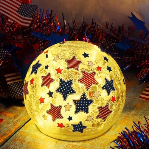 4th of July Decorations Crackle Glass Ball Light, 4'' American Flag Lights Table Centerpiece Decor, Battery Operated LED Patriotic Globe Star Lamp for Independence Day (White, 1Pcs)