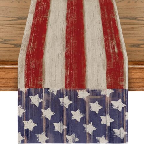 American Flag Stars and Stripes 4th of July Table Runner,Memorial Day Kitchen Dining Table Decoration for Home Party Decor 13x72 Inch