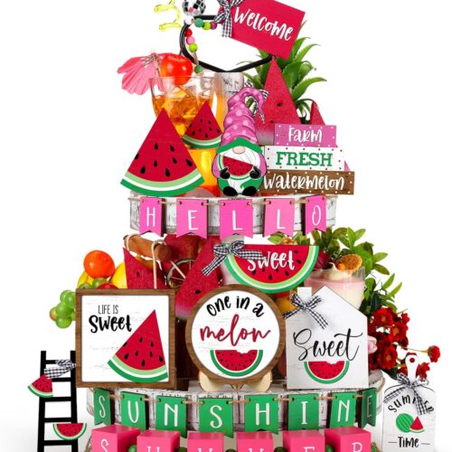 25 Pcs Summer Watermelon Tiered Tray Decor Set Farmhouse Wood Hello Summer Table Decorations Tabletop Rustic Wooden Red Watermelon Table Signs for Home Summer Kitchen Table Decoration