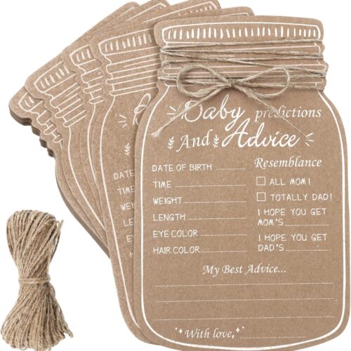50 Pcs Baby Shower Prediction and Advice Cards Mason Jar Advice and Prediction Cards for Baby Shower Gender Reveal Party Supplies Mom Dad Party Decorations(Brown)