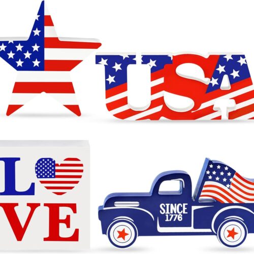 4th of July Decor Patriotic Decorations 4Pcs Wooden Star USA LOVE Car Sign Fourth of July Table Decorations Memorial Day Red White and Blue Decor