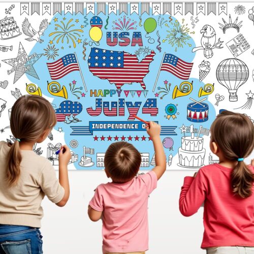 Coloring Tablecloth, 4th of July Giant Coloring Tablecloth, DIY Table Cover with Stars and Stripes, Independence Day Craft for Party, Home or Classroom Education Poster
