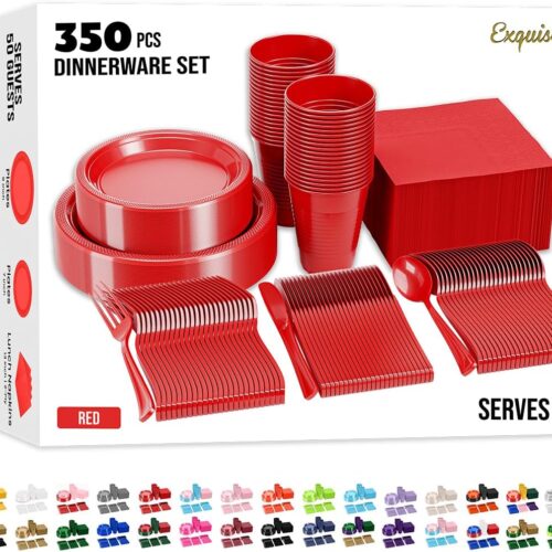 350 Pcs Red Plastic Plates For Party, Red Disposable Plates Set, 50 Of Each 9" Dinner Plate Set, 7" Dessert Plate, Cups, Napkins & Cutlery Plastic Dinnerware Party Solids