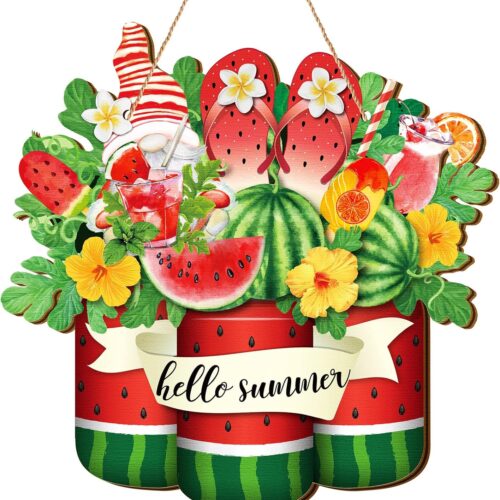 Hello Summer Watermelon Sign Wooden Watermelon Gnome Welcome Hanging Sign with Ropes Rustic Summer Front Door Hanger Ornament for Farmhouse Home Indoor Outdoor Door Porch Wall Decor