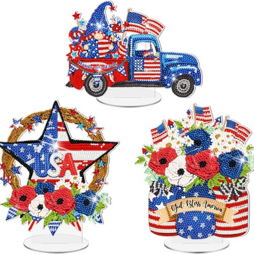 3 Pcs Fourth of July Diamond Art Tabletop Decorations Patriotic Centerpieces Independence Day Diamond Decorations Red White Blue Table Desktop Decor for Home