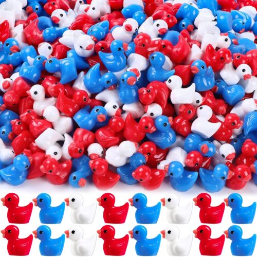 150pcs 4th of July Mini Resin Ducks 3 Colors Independence Day Patriotic Tiny Small Little Duck Figures to Hide Miniature Figurines for Dollhouse Micro Garden Landscape Decoration