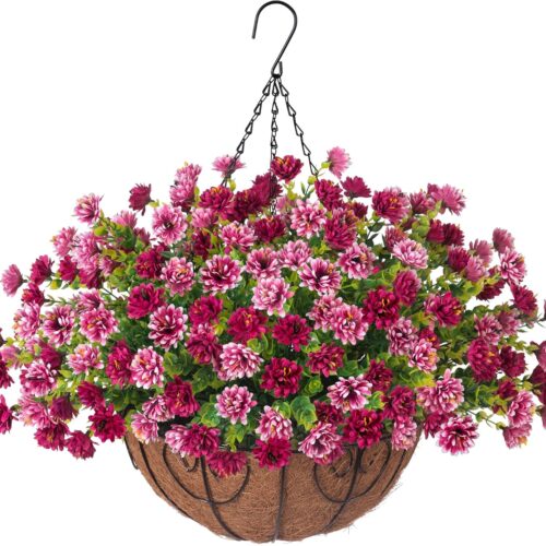 Artificial Faux Hanging Flowers Basket for Spring Outdoors Decoration, Silk Fake Mums Flowers Daisy with Baskets for Outside Porch Summer Decor(Rose White Pink)