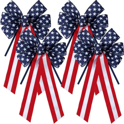 4 Pcs Large Patriotic Star Bows 4th of July Decor Bow Blue White and Red Stripes and Stars Bows for Independence Day 4th of July Indoor Outdoor Patriotic Decorations