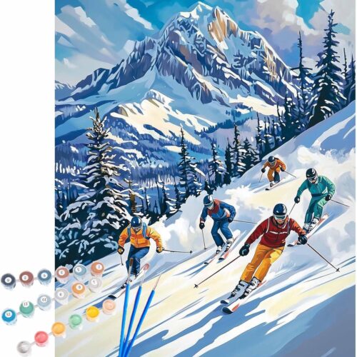 Paint by Number, Winter Skiing Sports Paint by Numbers for Adults, Snowy Mountain Canvas Wall Art, Acrylic Oil Painting for Gift, Home Wall Decor - Pine Trees Mountains(16x20inch, No Frame)