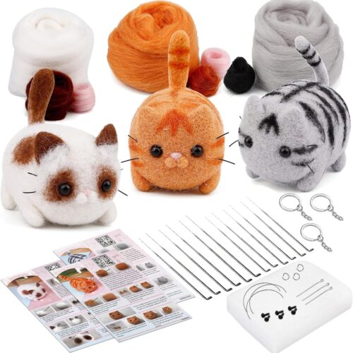 Needle Felting Kits, Needle Felting Starter Kit with Instructions, Felting Pad, Felting Wool, Felting Needles, Keychain and Split Ring for Craft Project and DIY Handmade