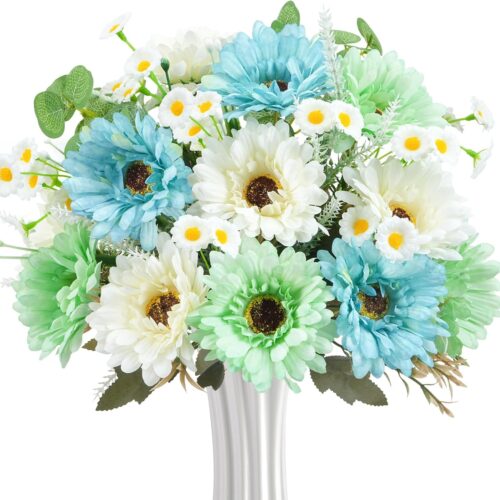 Artificial Baby Blue and White Gerbera Daisy Bouquets, Fake Small Silk Flowers Faux Florals Arrangements Fake Bouquet for Home Decor Indoor Table Centerpiece Bridal Wedding Decor