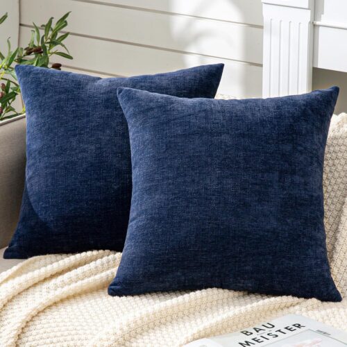 Decorative Square Throw Pillow Covers 18"x18" Inch Set of 2, Super Soft Chenille Pillows Cover Fall Pillowcase for Living Room Bedroom Sofa Couch Cushion Cover Navy Blue 45x45cm (Only Covers)