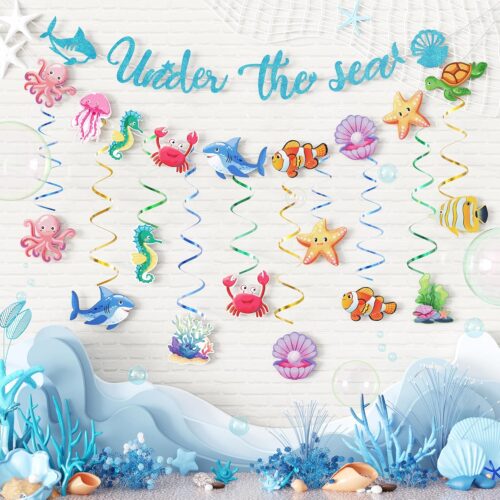 Under The Sea Party Decorations Supplies Banner Ocean Animals Themed Hanging Swirls and Banner Happy Birthday Decorations for Baby Shower Summer Beach Party Classroom Nursery Supplies