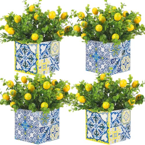 Blue Tiles Lemon Table Centerpiece Decor Amalfi Coast Box Decorations with Artificial Lemon Branches for Capri Mediterranean Positano Wedding Birthday Party Decor(4 Sets)