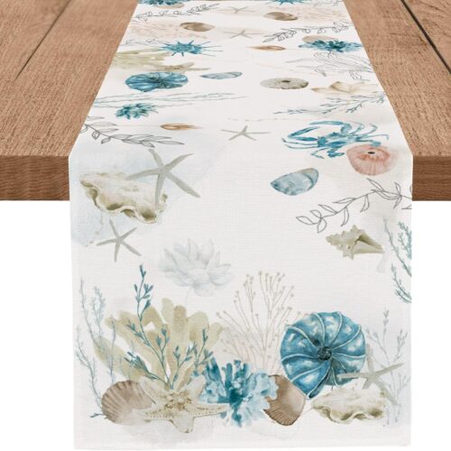 Blue Beach Table Runner Tropical Ocean Coastal Table Runners Seashell Burlap Seasonal Nautical Kitchen Dining Coffee Table Decor for Home Holiday Party Indoor Outdoor 13x72 Inch