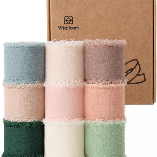 1" x 27 Yd Chiffon Silk Ribbon Mixed Color Ribbons Set 3 Yd x 9 Rolls Fringe Fabric for Wedding Invitations Bridal Bouquets Party Decoration Gift Wrapping Bow Making