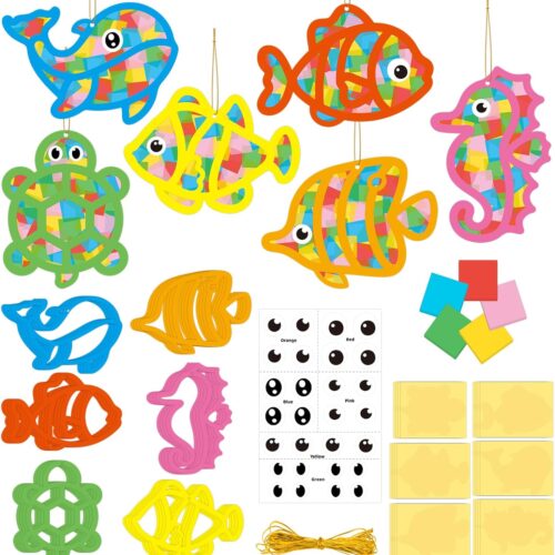 24 Sets Summer Under The Sea Craft Kits Ocean Sea Animal Tissue Paper Craft DIY Fish Suncatchers Crafts Suncatchers Decoration Ornament Classroom Art Summer Party Supplies