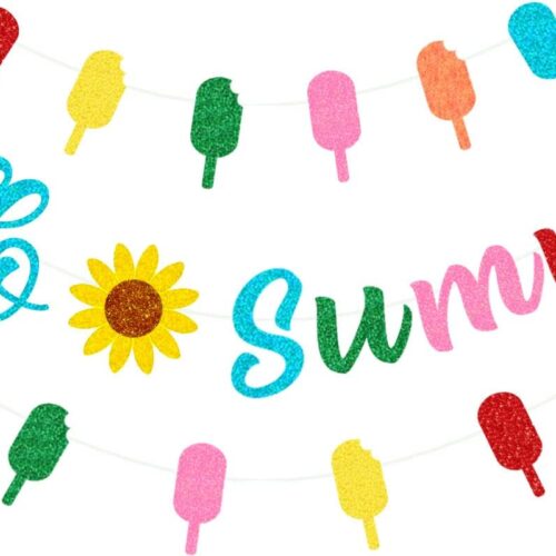 Hello Summer Banner, Colorful Glitter Summer Sunflower Banner, Hello Summer Ice Cream Popsicle Garland, Summer Party Indoor Outdoor Home Mantel Fireplace Hanging Decorations