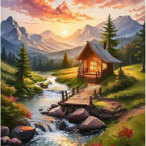 Mountain Paint by Numbers kit for Adults, Cabin Landscape Adult Paint by Number Kits on Canvas, DIY Watercolor Oil Painting Kit for Beginners Adults' Paint-By-Number Kits for Wall Decor 16x20 Inch