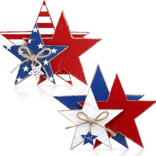 2 Pcs 4th of July Wooden Star Decoration Large Faith Sign Patriotic Wooden Home Table Decor for Living Room Dining Table Centerpieces Memorial Day Decorations (Freedom and God Bless America)