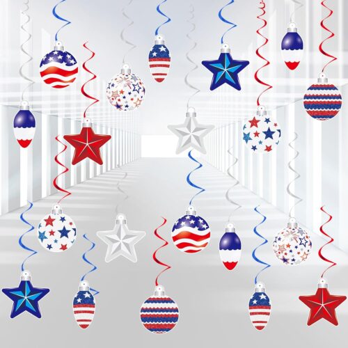 48 PCS 4th of July Hangings Swirl Decorations, Independence Day Patriotic Party Supplies, No DIY Ceiling Streamers Decor for Holiday Birthday Wedding Veteran Day Tree Red White Blue Decorations