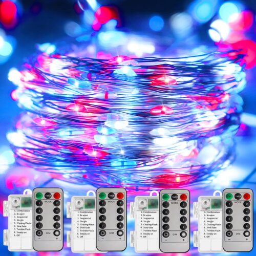 4th of July Decorations Fairy Lights, Red White Blue 100LED Copper String Lights Battery Operated Remote Control for Patriotic Independence Memorial Day Decorations-4 Pack