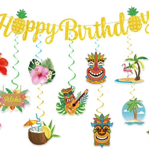 Hawaiian Happy Birthday Banner,Luau Birthday Party Decorations Aloha Summer Beach Themed Glittery Flower Garland Tiki Flamingo Pineapple Palm Leaves Tropical Party Decorations for Birthday Decor