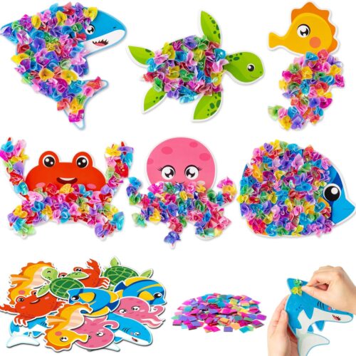 12 Packs Summer Sea Animals Poking Craft Kit - Creative Foam DIY Ocean Poke Fabric Art for Kids Make Your Own Card Party Favor Decoration Gift School Classroom Rewards Activity Supplies