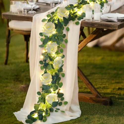 6.6FT Flower Garland with Lights Fake Gypsophila Eucalyptus Garland with 12 White Roses Artificial Floral Greenery Vine for Wedding Arch Table Centerpieces Backdrop Party Summer Decorations