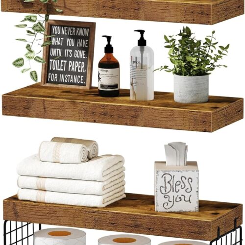 Bathroom Shelves Over Toilet - Wall Mounted Floating Shelves Toilet Paper Storage Small Farmhouse Decor Shelf 16 inch Set of 3, Rustic Brown (019-BN3)