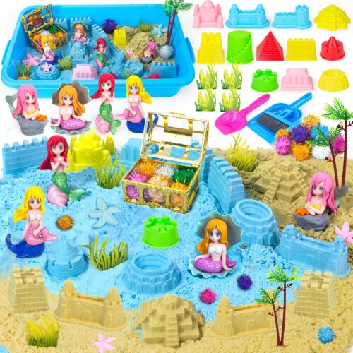 Mermaid Sensory Bin Sandbox Toys for Toddlers Girls Kids- Mermaid Toys for Kids Play Sand Kit Sensory Bin Toy with 2.2 lbs Sand & Castle Mold,Great Christmas Birthday Gift for Girl Boys