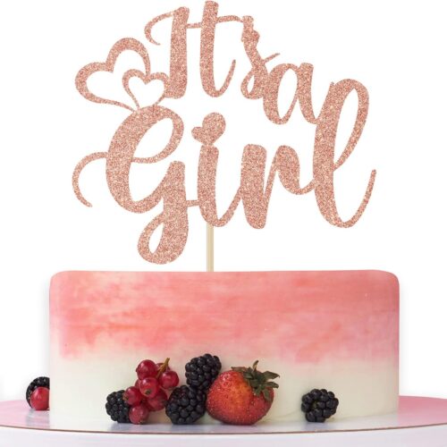It’s a Girl Cake Topper,Sweet Baby Girl Decorations,Baby Shower/Gender Reveal Party Decorations,Baby Girls 1st Birthday Party Decoration Supplies Rose Gold Glitter (Corrected)