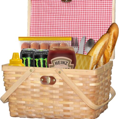Gingham Lined Woodchip Picnic Basket with Lid and Movable Handles