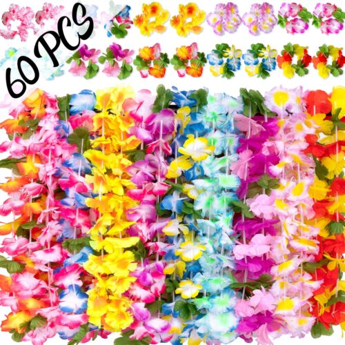 60 Pieces Hawaiian Luau Leis - Tropical Tiki Hibiscus Flowers for Summer Pool Party Favors Supplies Decorations - 10 Styles