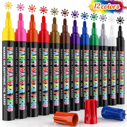 Paint Markers Pens, 12 Colors Oil-Based Waterproof Fancy Paint Markers, Quick Dry Permanent Push Markers Set for Tire, Rock, Wood, Plastic, Canvas, Glass, DIY Craft