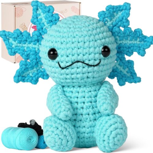 Crochet Kit for Beginners, Crochet Animal Kits,Crocheting Kit for Starters with Step-by-Step Video Tutorials, Beginner Crochet Kit for Adults (1Pack Blue Axolotl)