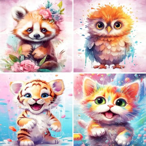 4 Pack Paint by Numbers Kit for Kids Ages 4-8-12, Animal Paint by Number for Kids, DIY Acrylic Oil Painting Kit for Home Wall Decor(Frameless,8X8inch)