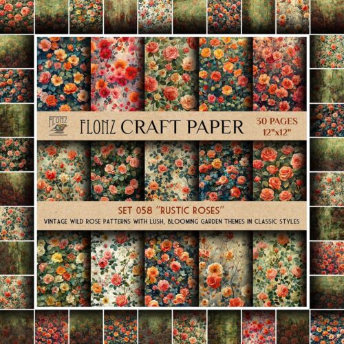 Scrapbook Paper (30 Pages 12"x12") Rustic Roses: Vintage Wild Rose Patterns with Lush, Blooming Garden Themes in Classic Styles FLONZ Vintage Styled Double Sided Paper Pad for Craft Cardmaking