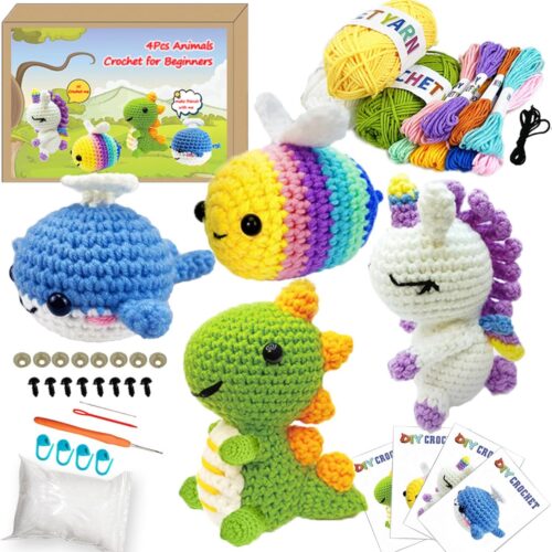 Crochet Kit for Beginners, 4 Pack Beginner Crochet Kit for Adults with Step-by-Step Video Tutorials, DIY Crochet Animal Kits Knitting Supplies
