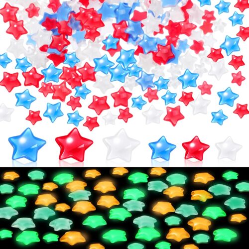 240 Pcs Glow in Dark Star Charms 4th of July Patriotic Stars Decor Luminous Resin Red White and Blue Beads Decorations for Independence Day Memorial Day Tabletop Bowl Filler(Mixed)