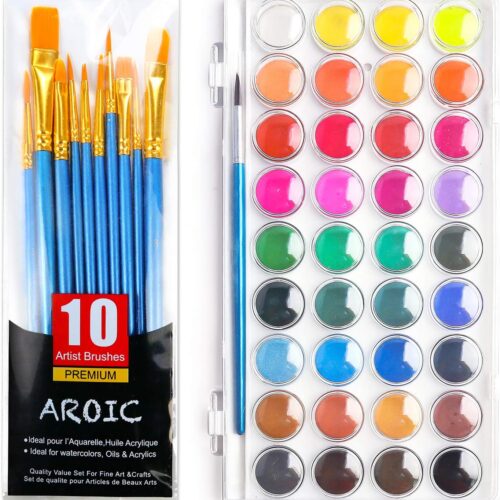 Watercolor Paint Set, 36-Color Watercolor Paint with 10 Brushes, Non-Toxic Washable Watercolors for Kids & Adults, Art Supplies for Painting, Drawing, DIY Crafts, School, Classroom, Artist Use