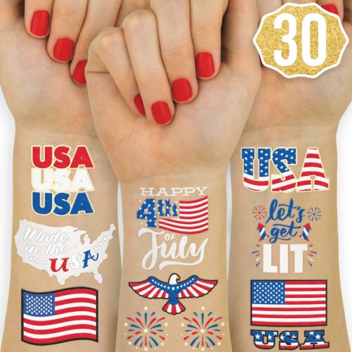 Fourth of July Decorations Temporary Tattoos - 30 styles | America, Red White and Blue Party Supplies, 4th of July, USA,Memorial Day, Independence Day, Labor Day