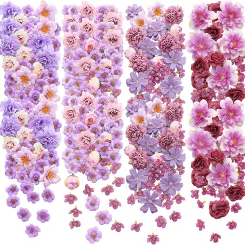 120 Pcs Small Flowers for Crafts Spring Mini Faux Flowers Artificial Silk Fabric Floral Daisy Peony Floral Decorations DIY Wreath Accessories for Wedding Home Decor(Purple,Coquette Style)