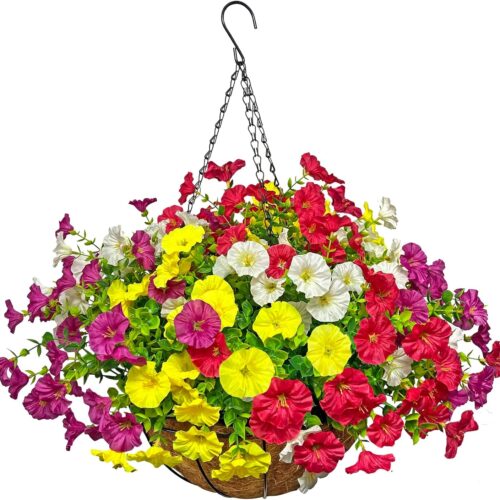 12Inch Artificial Violet Hanging Flowers with Basket for Porch Patio Balcony Decor,Hanging Basket Eucalyptus Leaves for Outdoor Decor,Hanging Planter with Faux Petunias Purple Red (Multicolour)